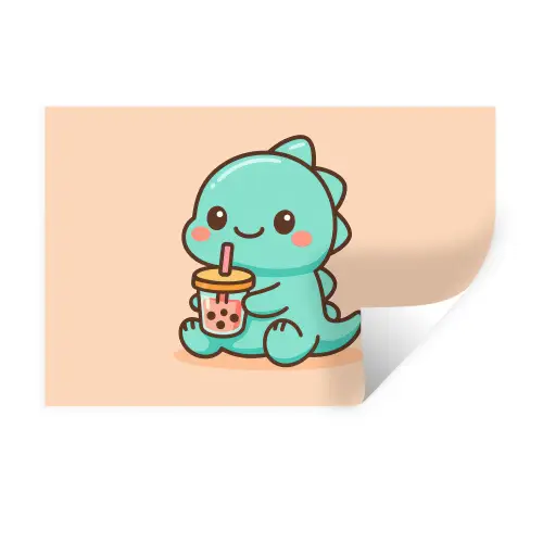 Dino - Boba - kawaii - Oranje Muursticker klein -3d