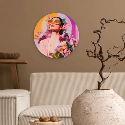 Portret - Vrouw - Abstract - Bloemen Wandcirkel plexiglas klein -sfeer1