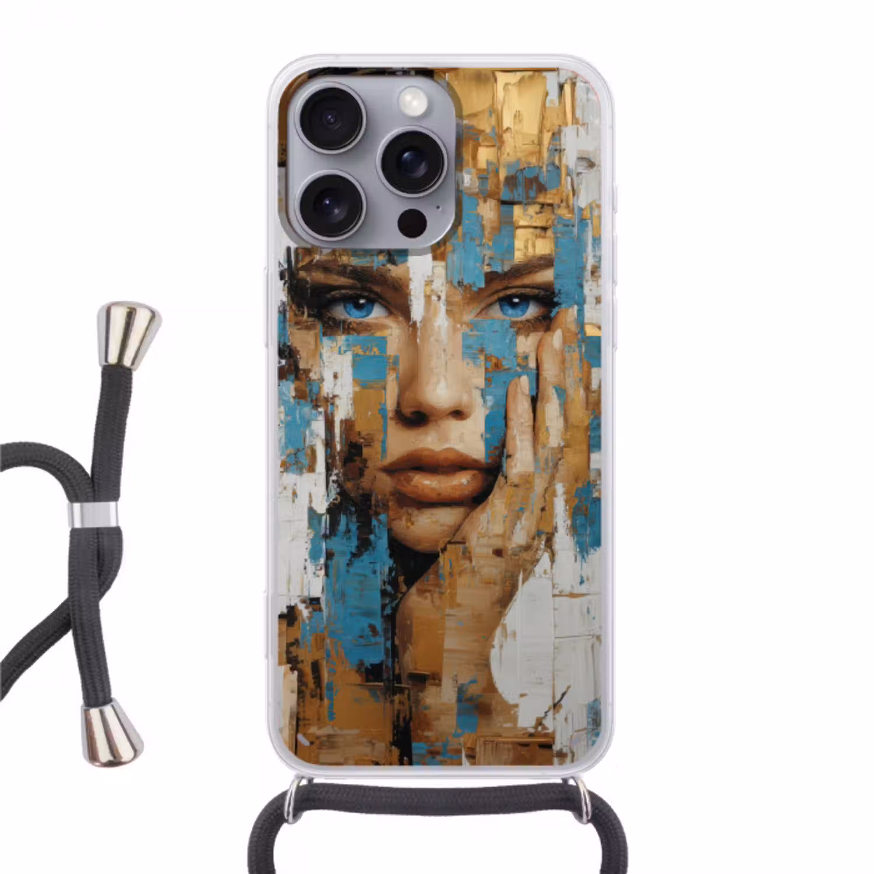 Abstract - Penseelstreken - Blauw - Gezicht Hoesje iPhone 16 Pro Max met koord klein -3d