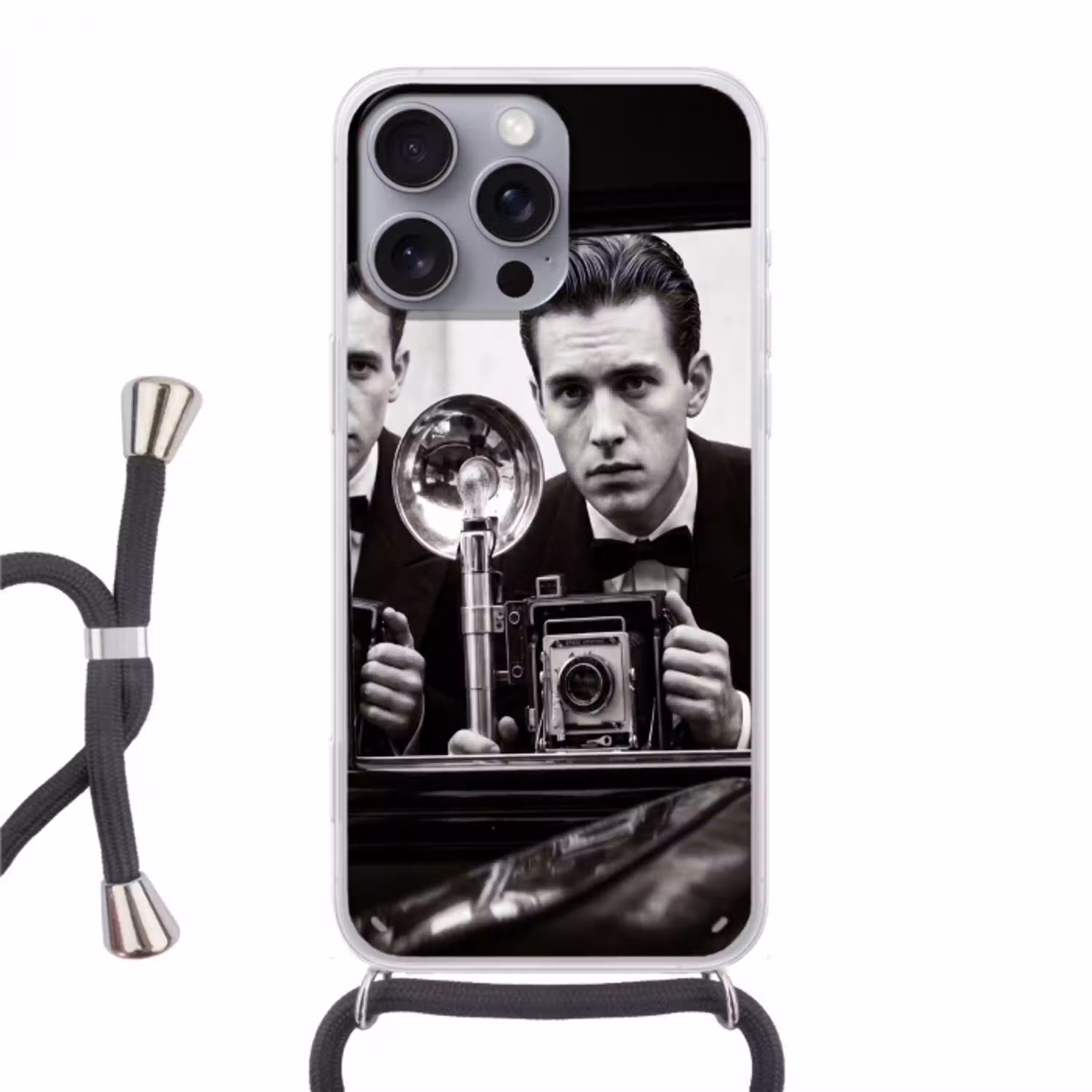 Fotograaf - Camera - Vintage - Journalistiek - Zwart-wit Hoesje iPhone 16 Pro Max met koord klein -3d