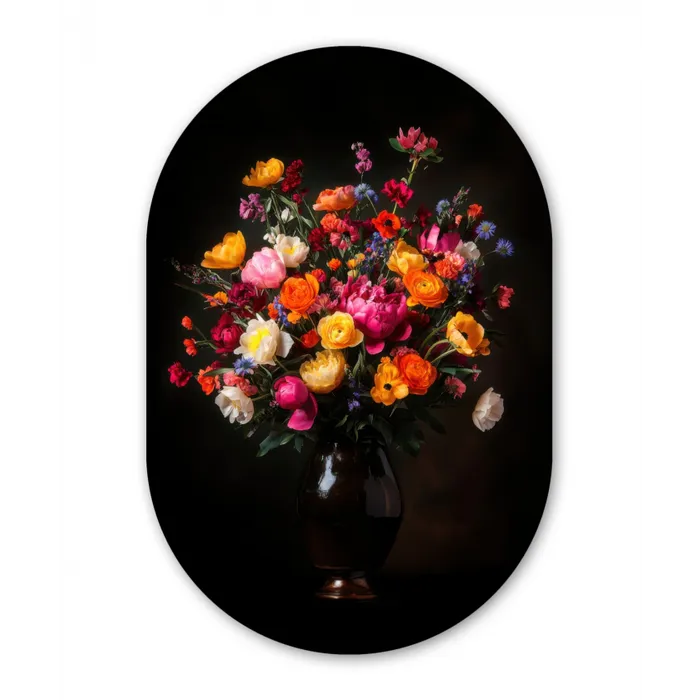 Kleurrijk - Boeket - Vaas - Donkerbruin Wandcirkel Ovaal Glas middel -3d
