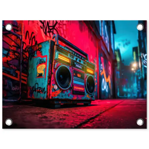 Boombox - Rood - Graffiti - Neon tuinposter los doek klein -3d