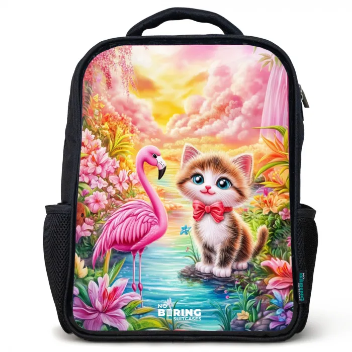 Kitten met flamingo in tropisch bloemenparadijs Rugzak - Zwart middel -3d