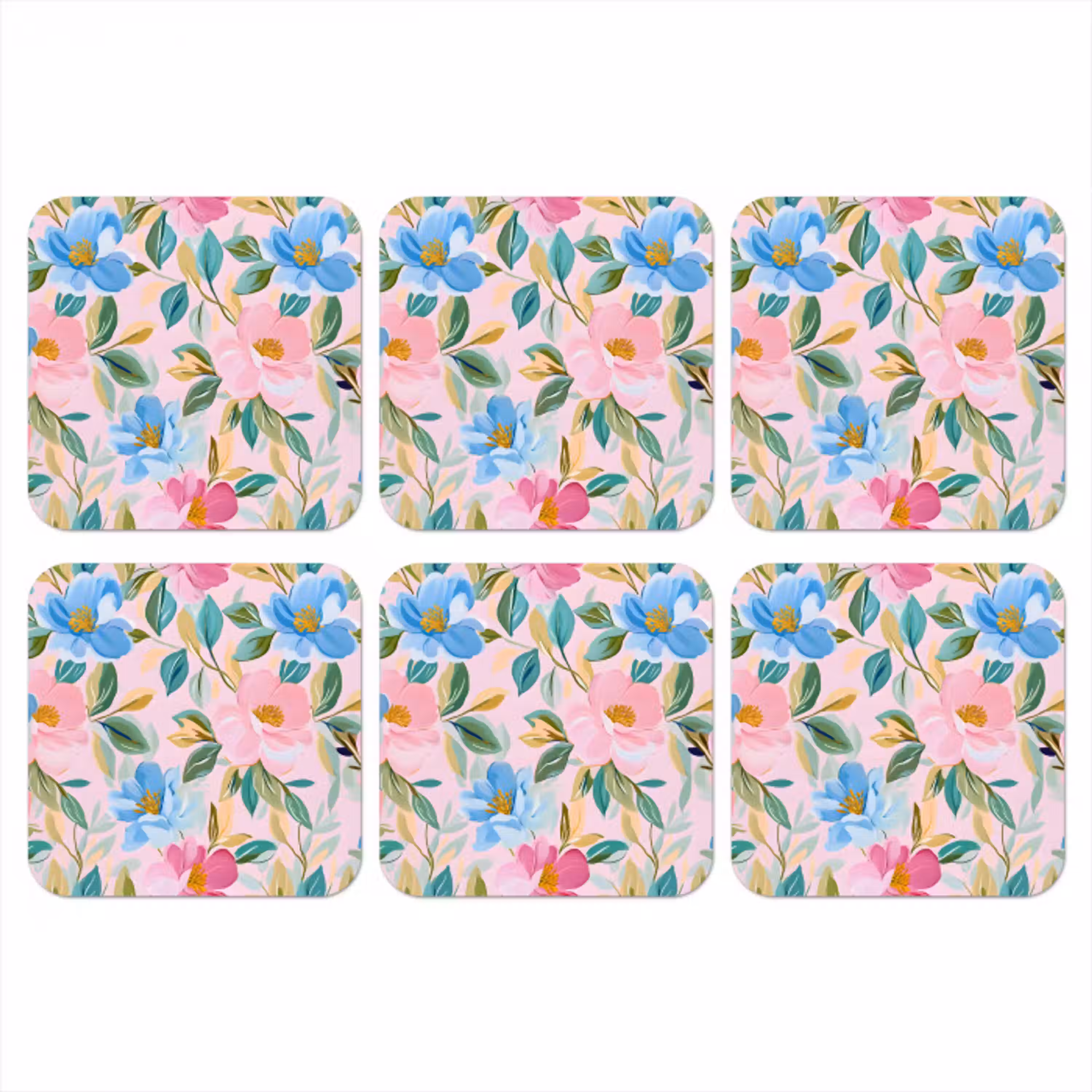 Blauw - Roze - Bloemen onderzetter kurk middel -3d