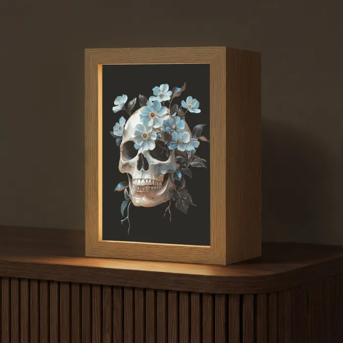Schedel - Blauw - Bloemen - Bladeren Light Box met kabel (Tafellamp) klein -z3d_website