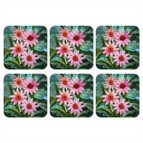 Bloemen - Roze - Glasmozaïek onderzetter kurk middel -3d