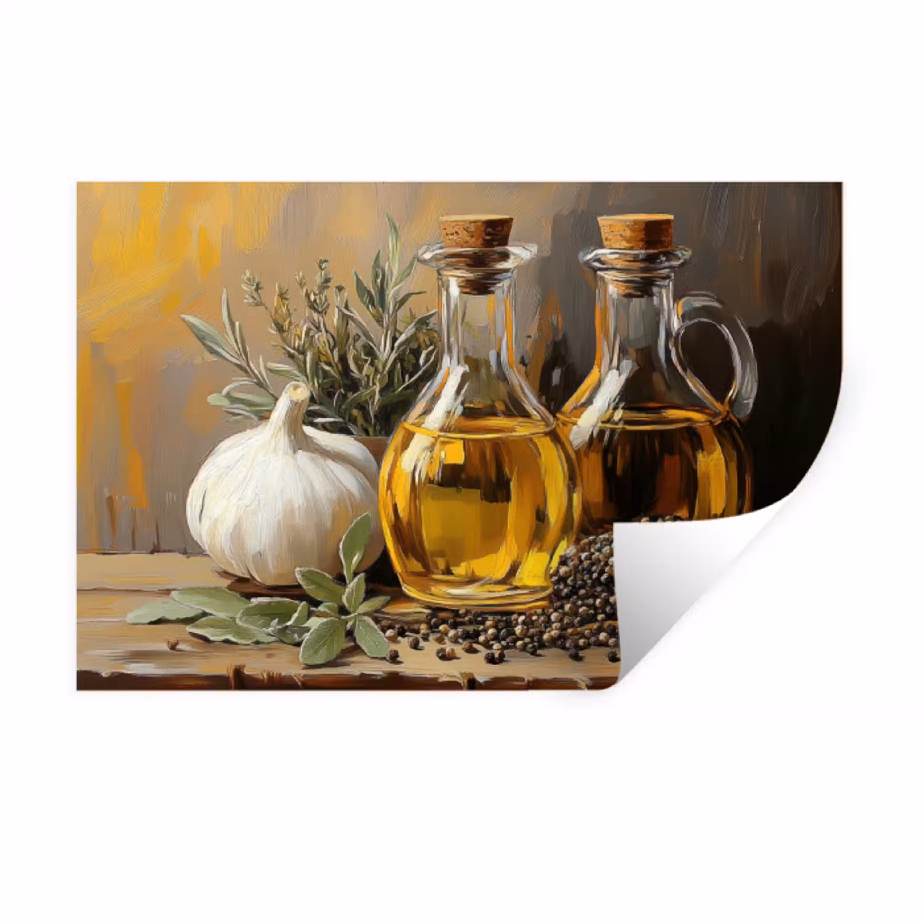 Stilleven - Olijfolie - Knoflook - Kruiden Muursticker klein -3d