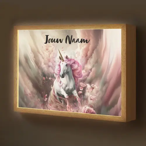 Eenhoorn - Meisje - Roze - Bloemen - Sprookje Light Box met batterij (Wandlamp kind) middel -z3d_website
