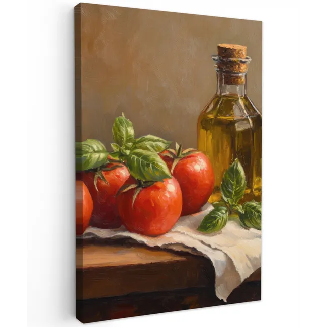 Tomaten - Olijfolie - Stilleven Tuinposter op houten frame 2 cm dik klein -3d