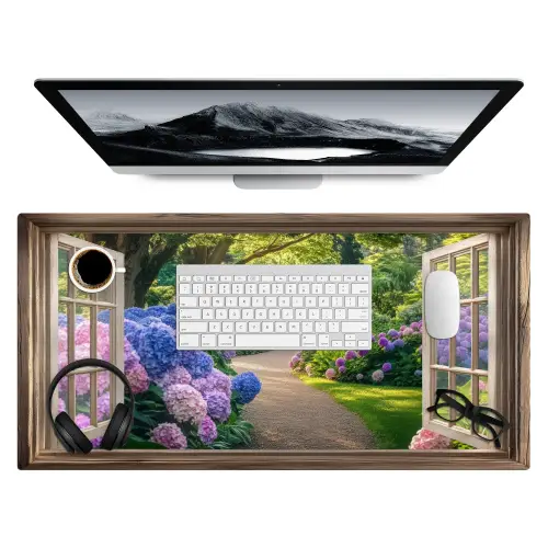 Doorkijk - Tuin - Raam - Hortensia - Bloemen Muismat XXL klein -3d