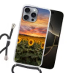 Zonnebloemen - Heuvellandschap - Geel Hoesje iPhone 16 Pro Max met koord klein -sfeer1