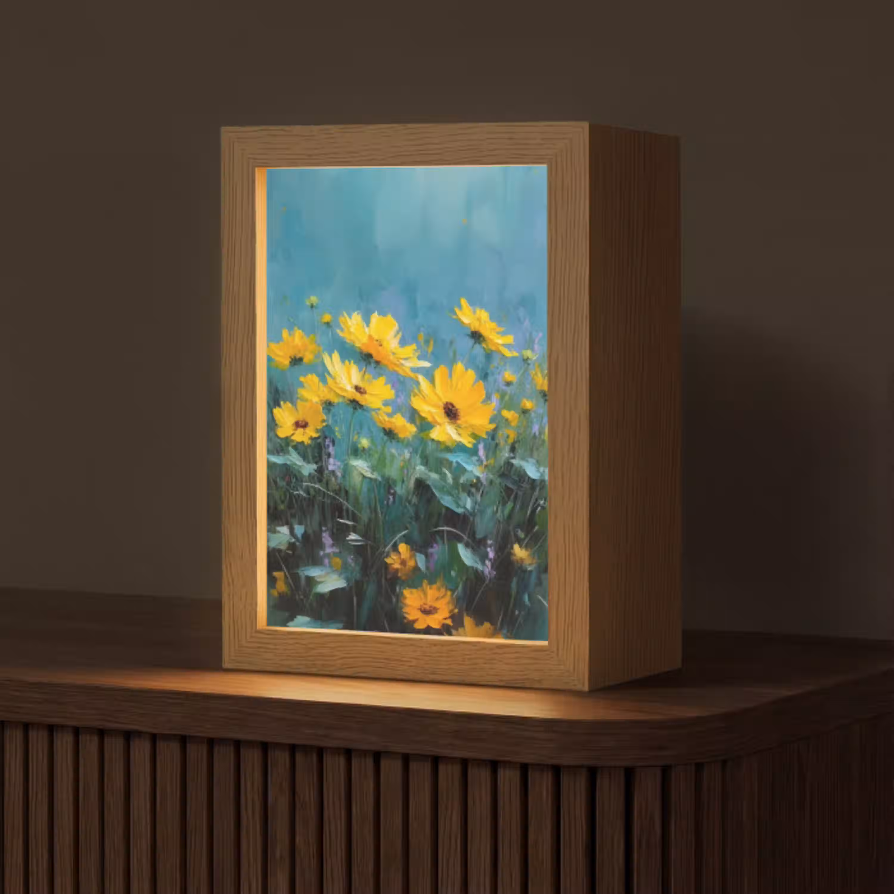 Penseelstreken - Bloemen - Felgeel - Abstract Light Box met kabel (Tafellamp) klein -z3d_website