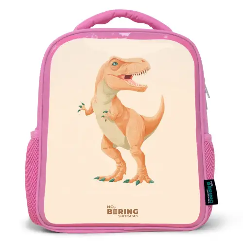 T-rex dino in oranje kleuren Kinderrugzak - Roze middel -3d
