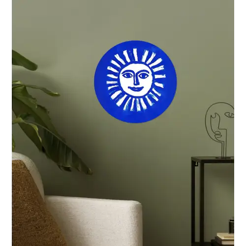 Zon - Gezicht - Penseelstructuur - Blauw Wandcirkel behangsticker klein -sfeer2