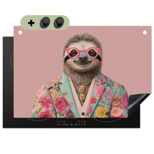 Luiaard - Bloemenprint - Bril - Roze Inductie beschemer met haakjes klein -3d