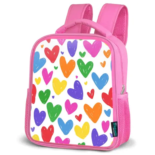 Hartjes - Patroon - Kleurrijk - Tekening Kinderrugzak - Roze middel -schuin