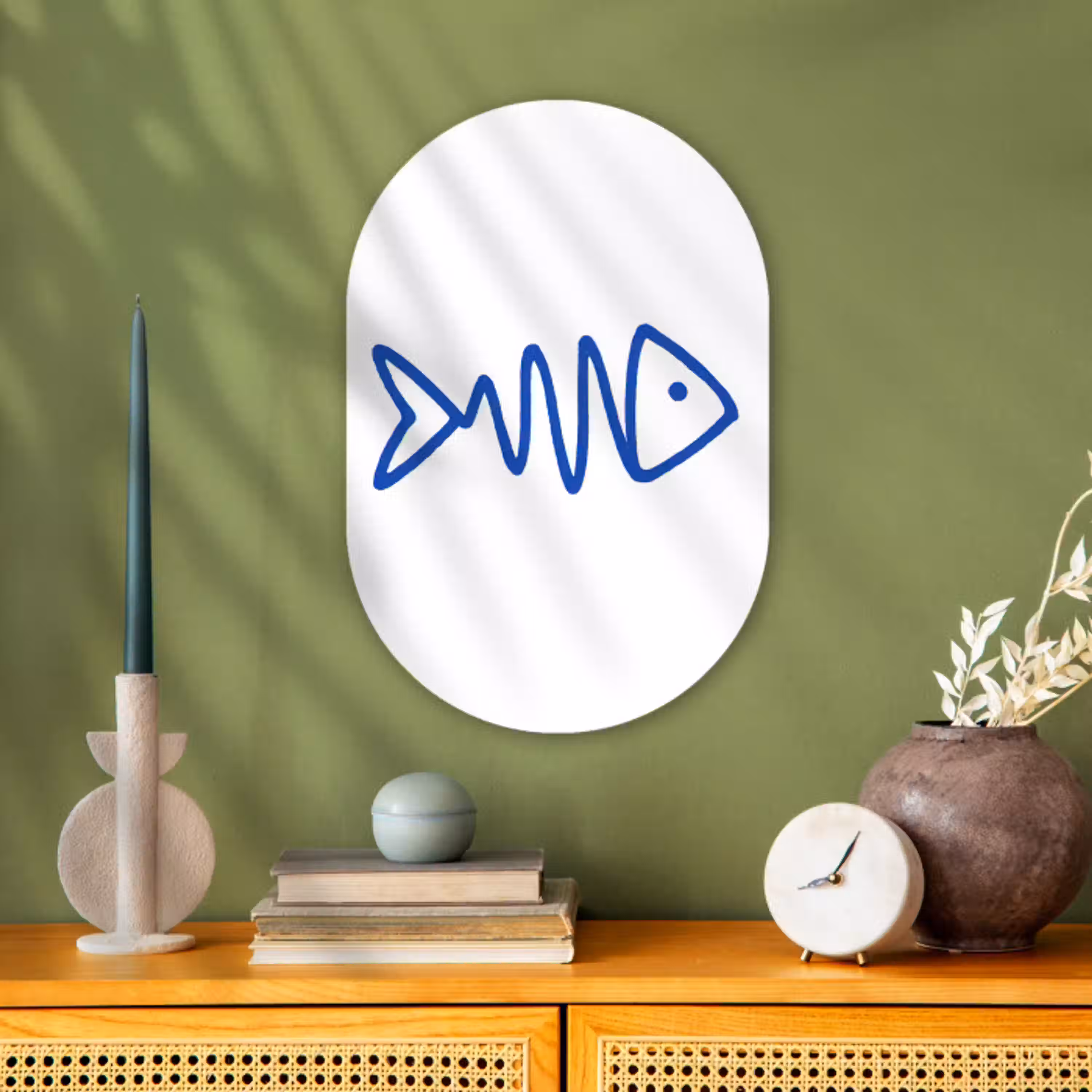 Vis - Minimalistisch - Blauw - Lijn Wandcirkel Ovaal Forex klein -sfeer2