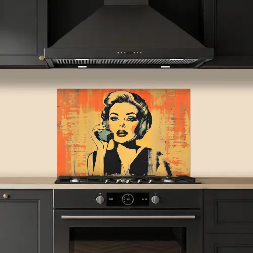 Retro - Vrouw - Koptelefoon - Oranje keuken achterwand spatscherm klein -sfeer1
