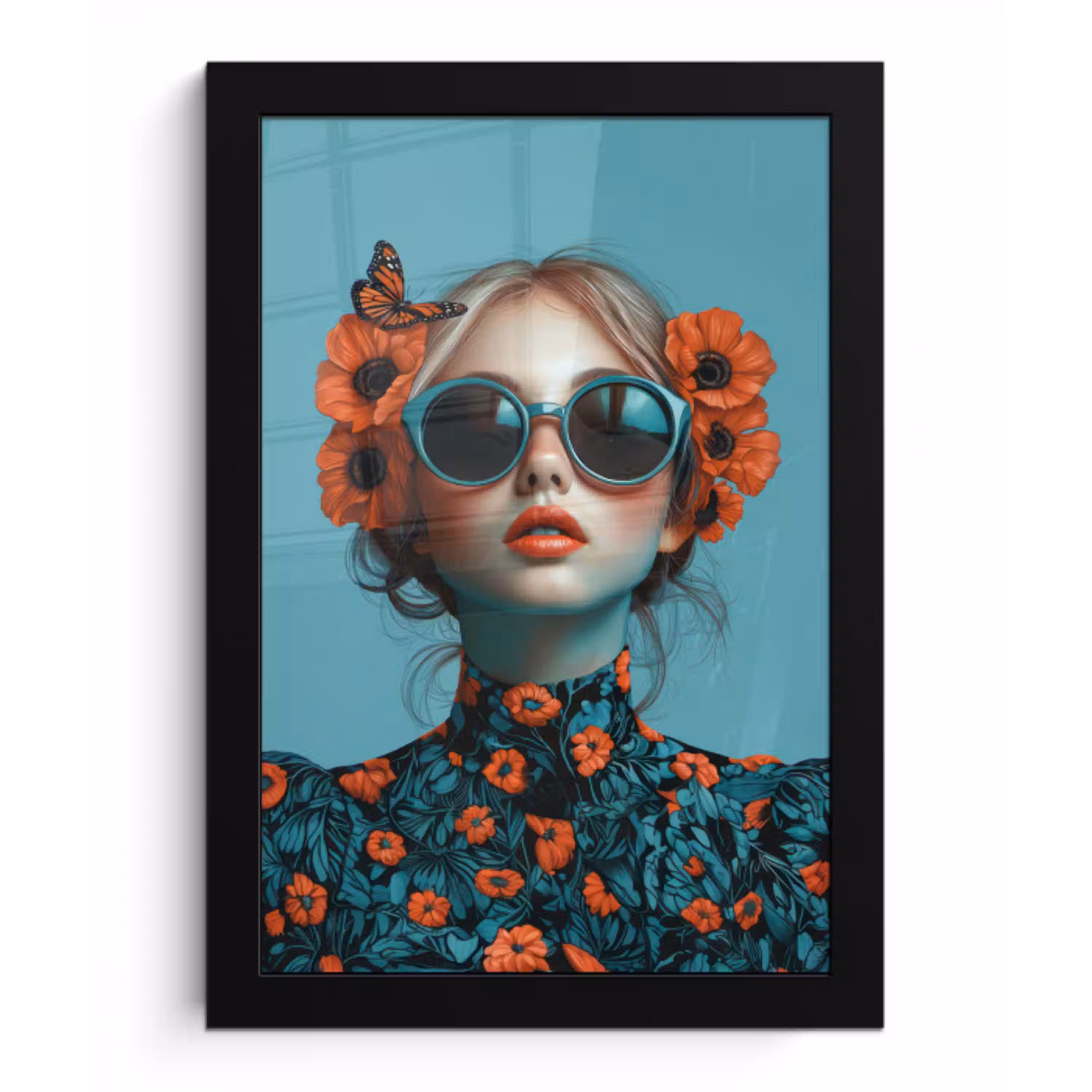 Vrouw - Blauw - Vlinder - Bloemen - Aesthetic fotolijst zwart zonder passe partout klein -3d