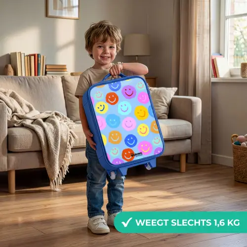 Vrolijk patroon van smileys Kinderkoffer - Blauw klein -sfeer2_NL