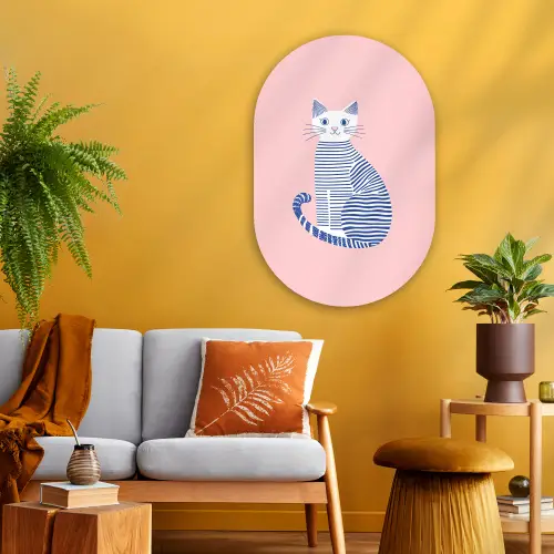 Kat - Illustratie - Minimalistisch - Roze Wandcirkel Ovaal Glas middel -sfeer4