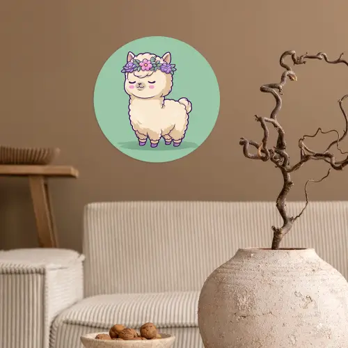 Alpaca - Groen - Bloemendiadeem Wandcirkel behangsticker klein -sfeer1
