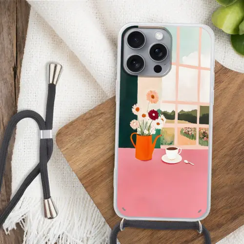 Bloemen - Koffie - Raam Hoesje iPhone 16 Pro Max met koord klein -sfeer4