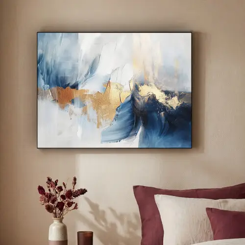 Goud - Blauw - Verf - Kunst - Modern Textielframe zwart klein -sfeer1