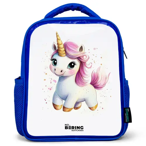 Witte eenhoorn met roze manen Kinderrugzak - Blauw middel -3d