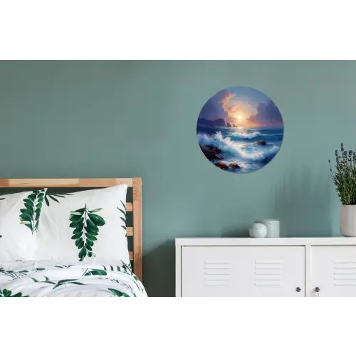 Golven - Zee - Kleurrijk - Rotsen Wandcirkel aluminium klein -slaapkamer