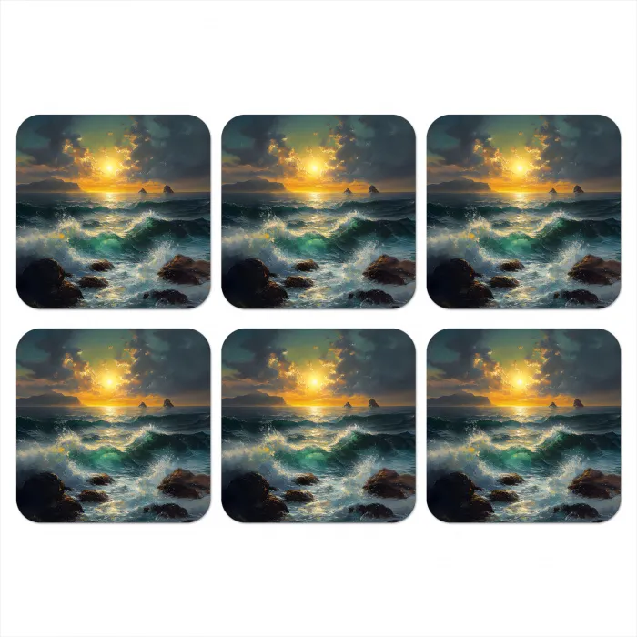 Zee - Zon - Golven - Rotsen onderzetter kurk middel -3d