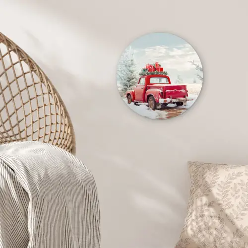 Auto - Rood - Cadeaus - Winter - Sneeuw - Kerst Wandcirkel kunststof plaat 5mm dik klein -sfeer5