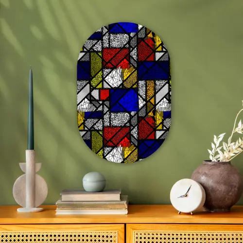 Mondriaan - Glas in lood - Oude Meesters - Kunstwerk - Abstract - Schilderij Wandcirkel Ovaal Forex klein -sfeer2