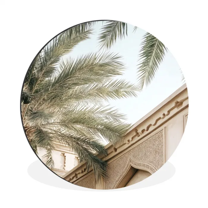 Gebouw - Palmbomen - Beige - Zon Wandcirkel aluminium klein -3d