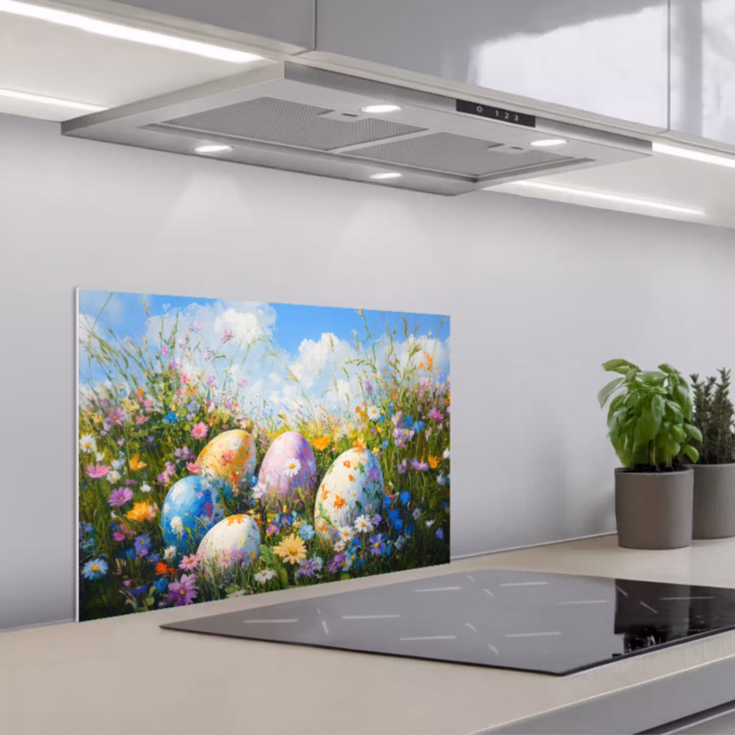 Grasveld - Eieren - Bloemen keuken achterwand spatscherm klein -3d_schuin