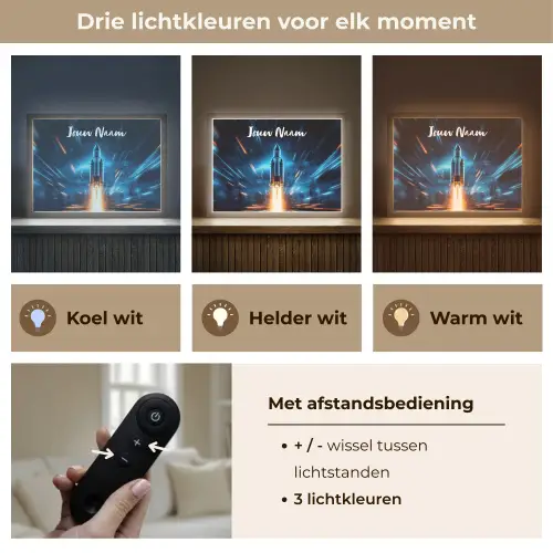 Raket - Ruimte - Blauw - Licht Light Box met batterij (Wandlamp kind) middel -USP_lichtkleurNL