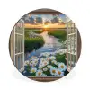 Doorkijk - Landschap - Raam - Water - Zonsondergang Wandcirkel aluminium klein -3d