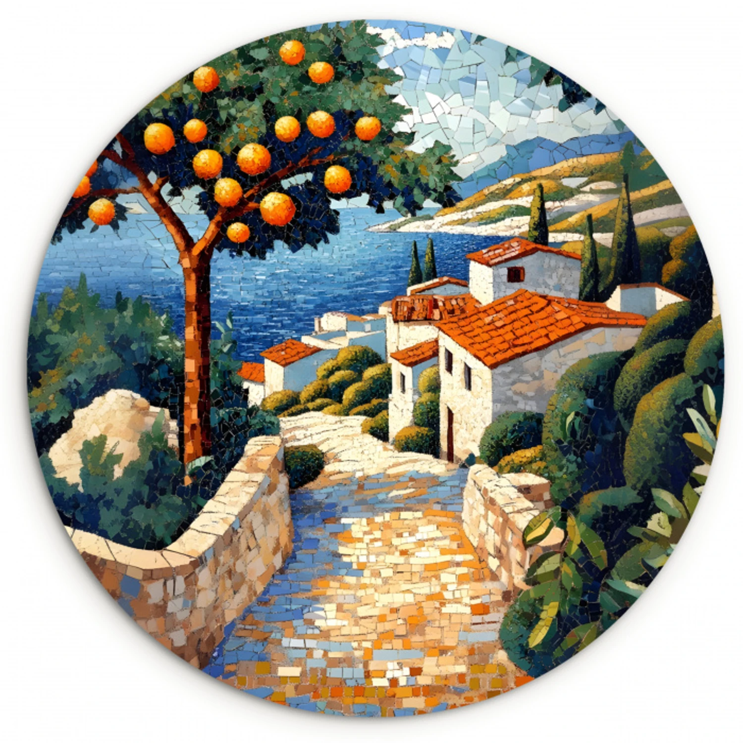 Huizen - Mozaïek - Sinaasappelbomen - Zee Wandcirkel kunststof plaat 5mm dik klein -3d