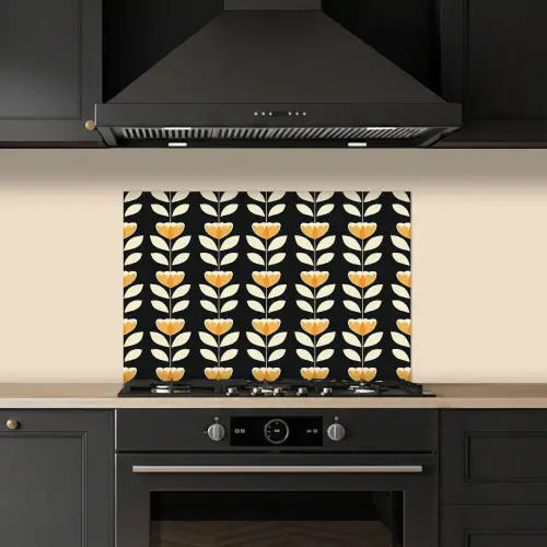 Retro - Bloem - Zwart - Okergeel keuken achterwand spatscherm klein 900 -sfeer1
