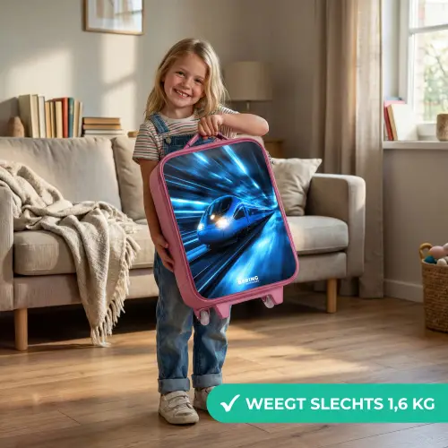 Supersnelle trein in neonblauwe tunnel Kinderkoffer - Roze klein -sfeer2_NL