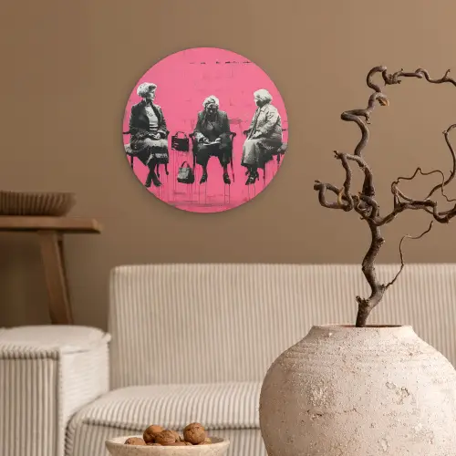 Graffiti - Vintage - Zwart - Street art - Roze - Banksy Wandcirkel kunststof plaat 5mm dik klein -sfeer1