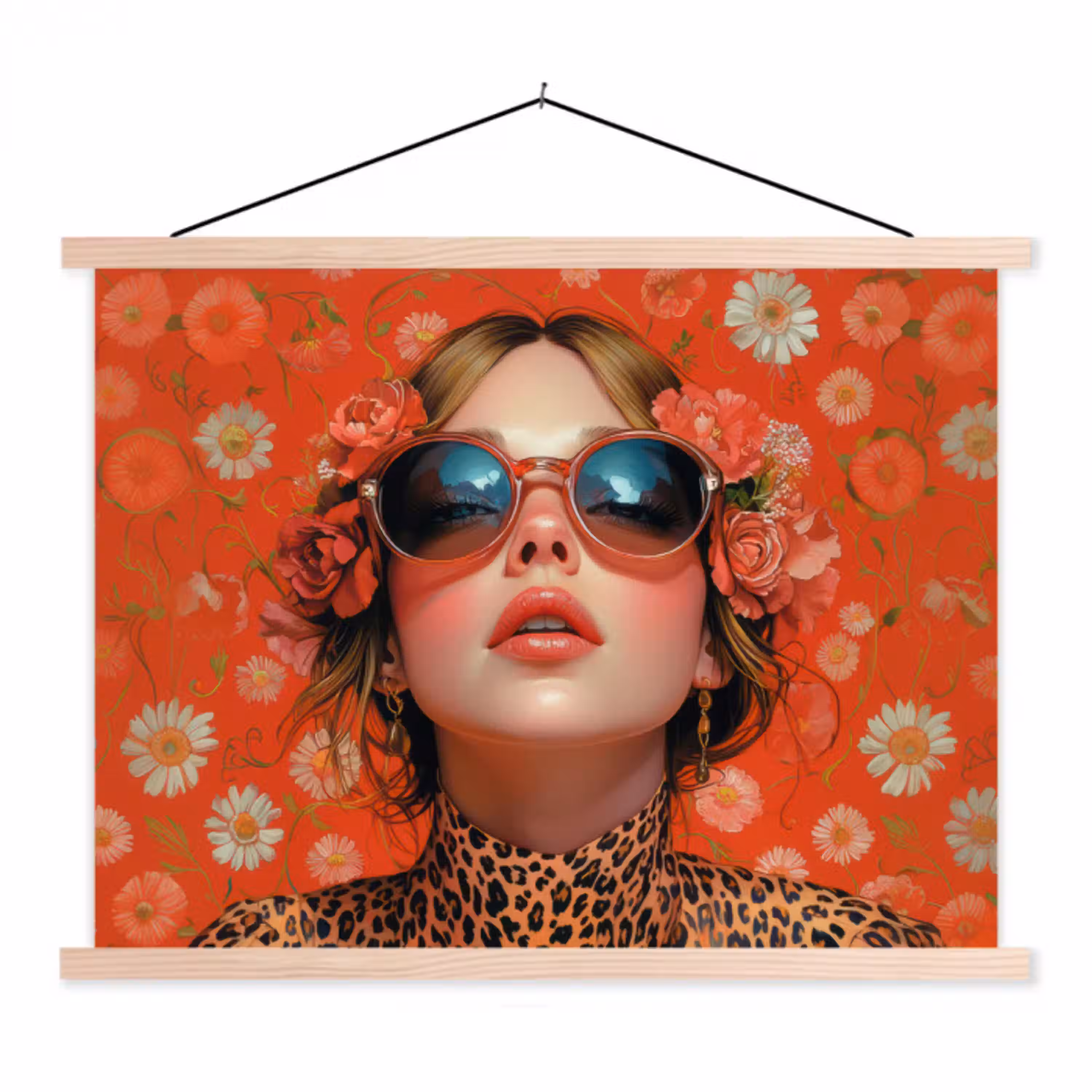 Vrouw - Kleurrijk - Dierenprint - Bloemen textielposter latten blank klein -3d