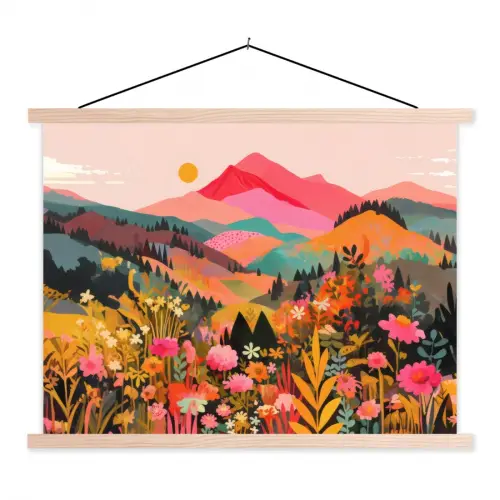 Zonsondergang - Bergvallei - Contrast textielposter latten blank klein -3d