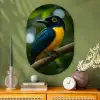 Vogel - Tak - Geel - Bladeren Wandcirkel Ovaal Glas middel -sfeer2