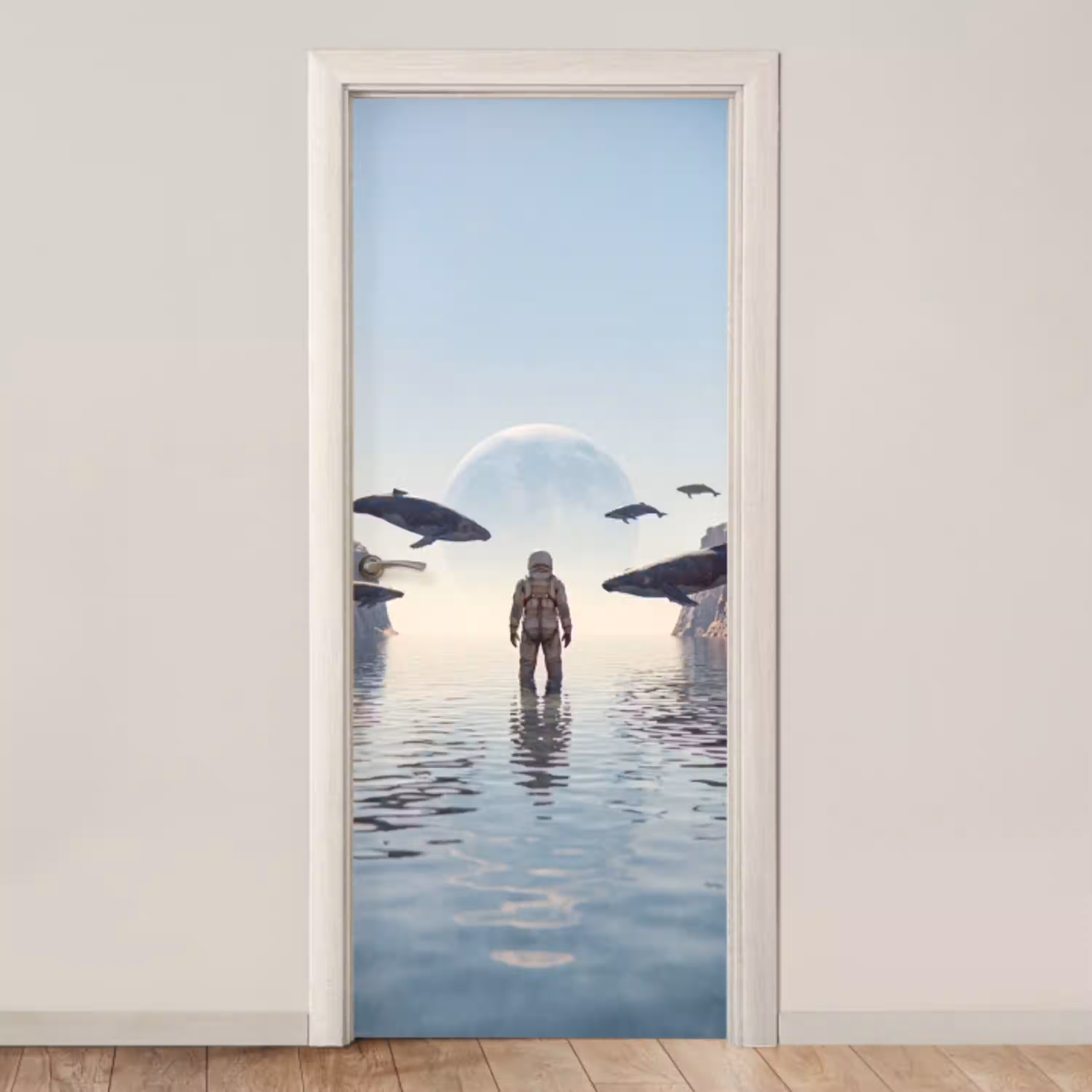 Ruimtevaarder - Walvis - Fantasie deurposter klein -3d_beige