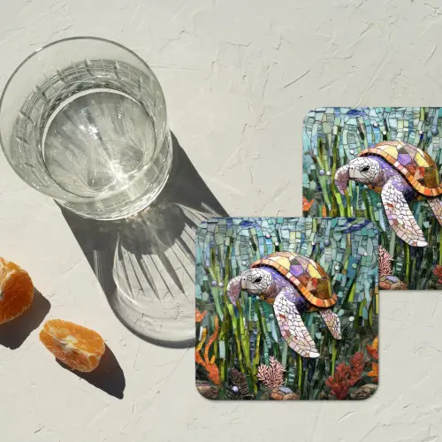 Schildpad - Zeewier - Mozaïek onderzetter kurk middel -sfeer4