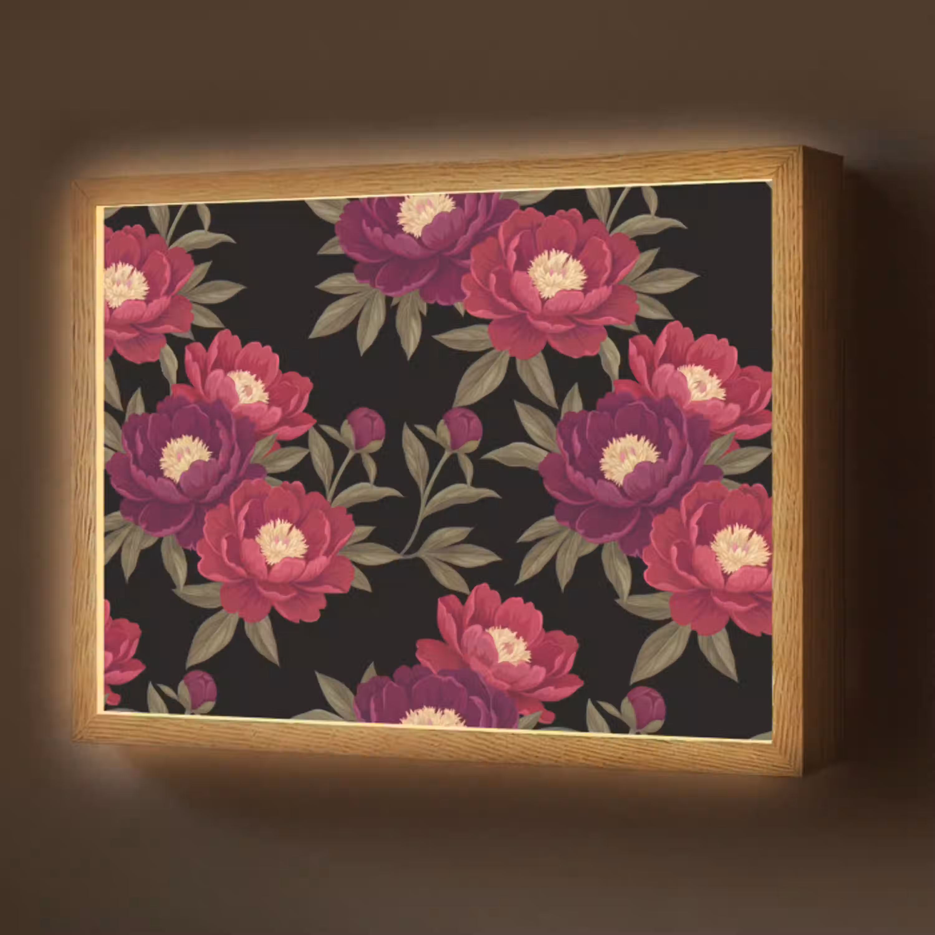 Bloemen - Patroon - Botanisch - Rood - Zwart Light Box met batterij (Wandlamp) middel -z3d_website