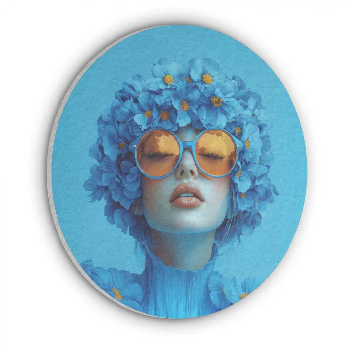 Vrouw - Bloem - Blauw - Modern - Bril - Portret Akoestische PET Vilt - Rond klein -3d