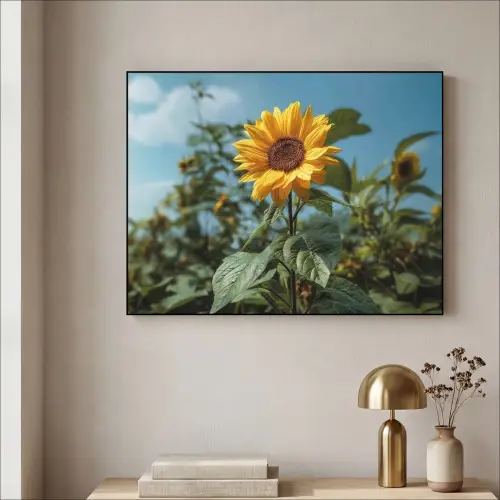 Zonnebloemen - Helderblauwer lucht - Gras Textielframe zwart klein -sfeer2