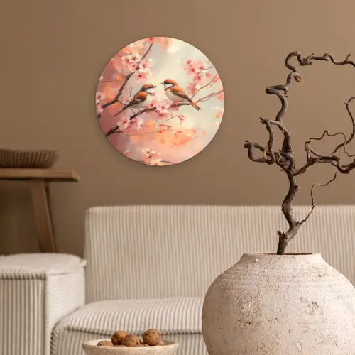 Vogels - Romantic - Bloesemtak Wandcirkel kunststof plaat 5mm dik klein -sfeer1